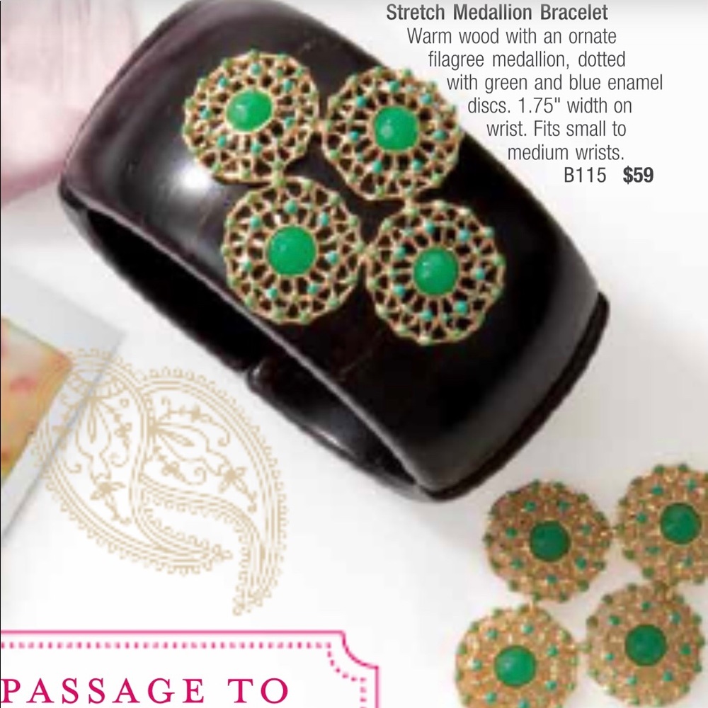 Stella and Dot | Retired Green+Black+Gold Wood Garden Party Cuff Bracelet